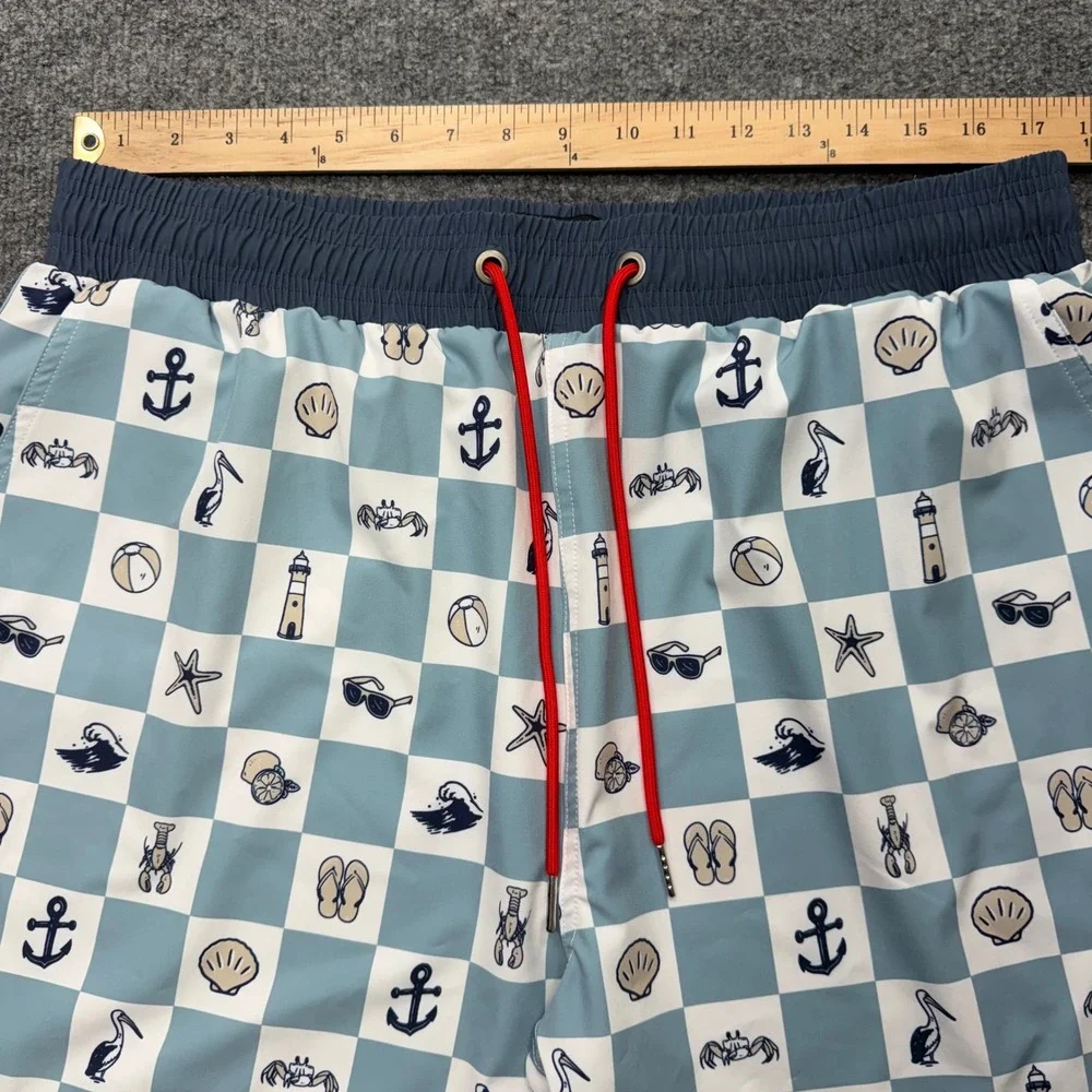 Swannies Men Blue Nautical Checkered Swim Trunks Board Shorts Size 38 Drawstring